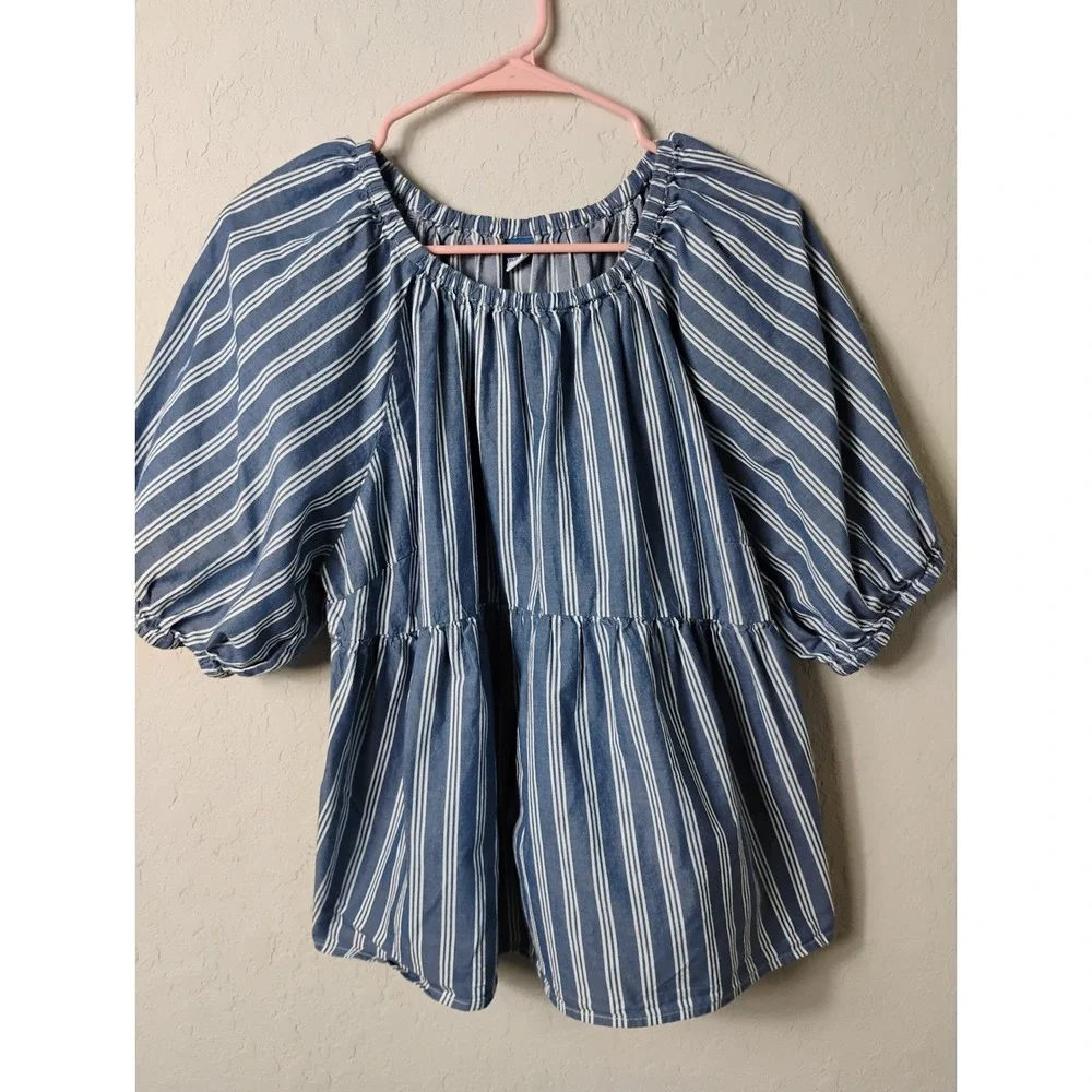 Old Navy Blue‎ White Stripe Off Shoulder Peplum Top Puff Sleeve Size L